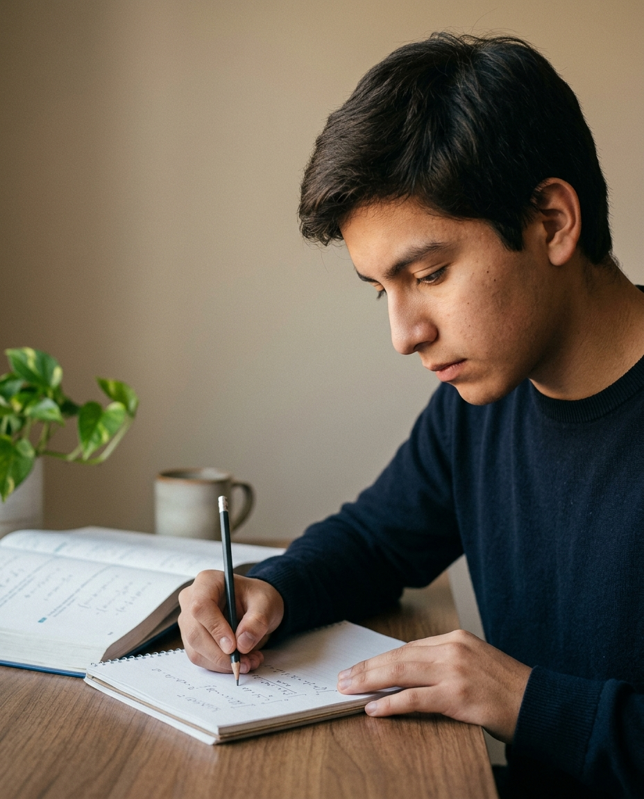Estudiante resolviendo ejercicios de admisión universitaria